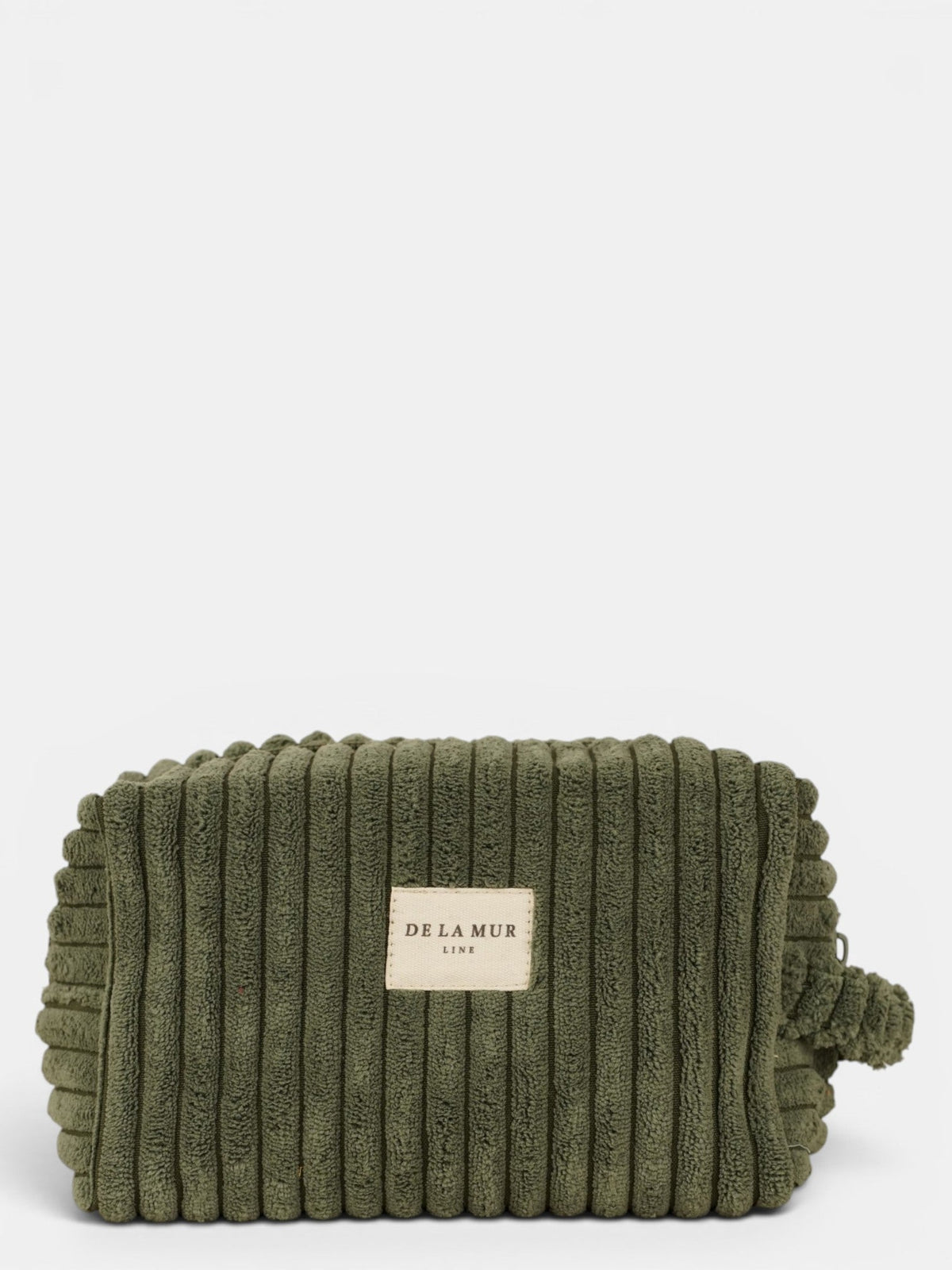 DE LA MUR corduroy squared makeup bag in olive green, front view