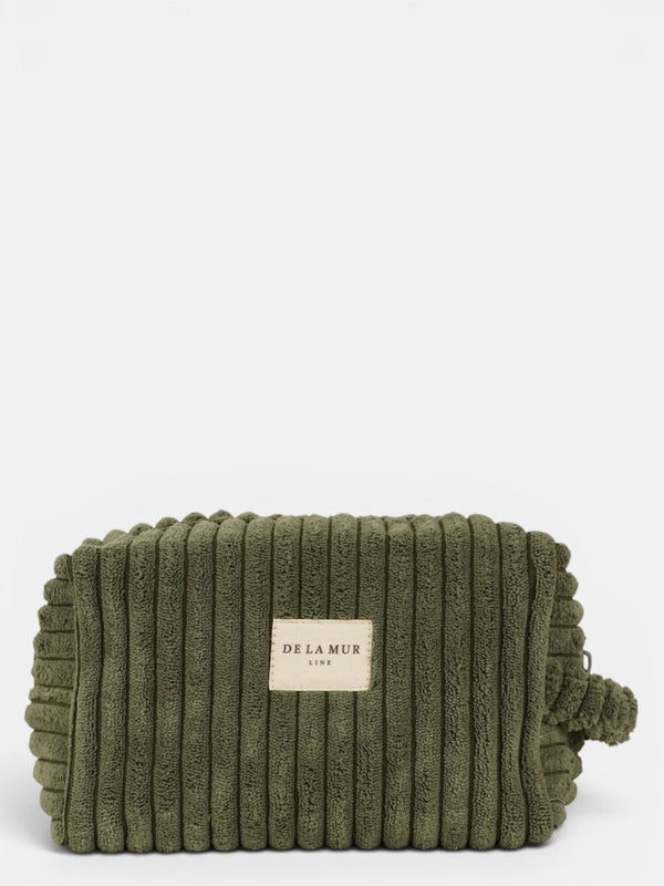 DE LA MUR corduroy squared makeup bag in olive green, front view