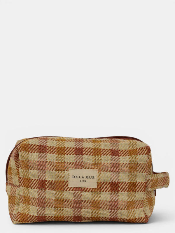 DE LA MUR Zia gingham jacquard squared makeup bag in terracotta and orange, front view
