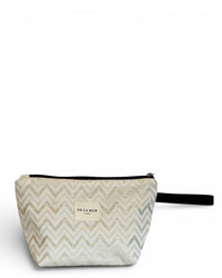 DE LA MUR Astro large makeup bag in gold zigzag fabric with wrist strap, front view