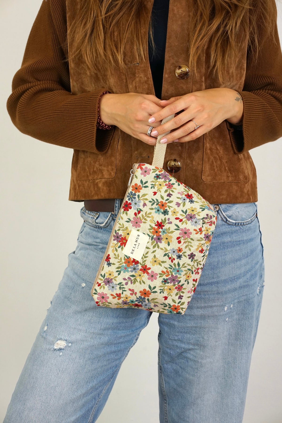 DE LA MUR Blum floral jacquard large makeup bag, front view on white background