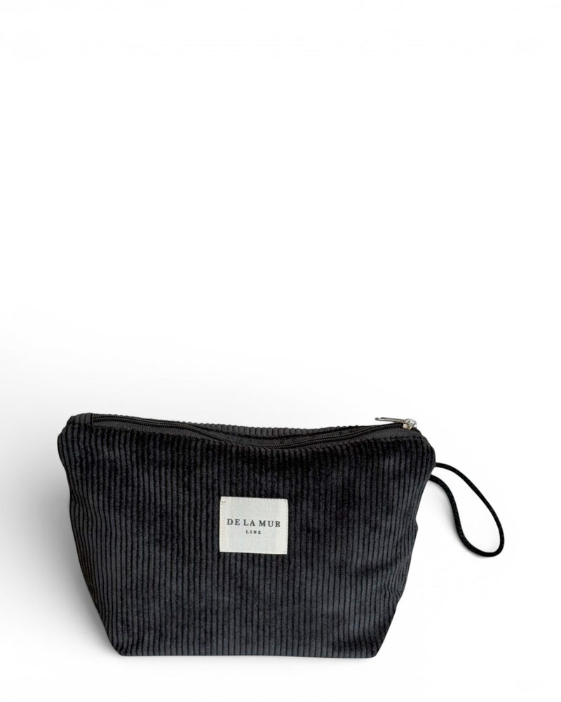 DE LA MUR Boni corduroy large makeup bag in dark gray, front view