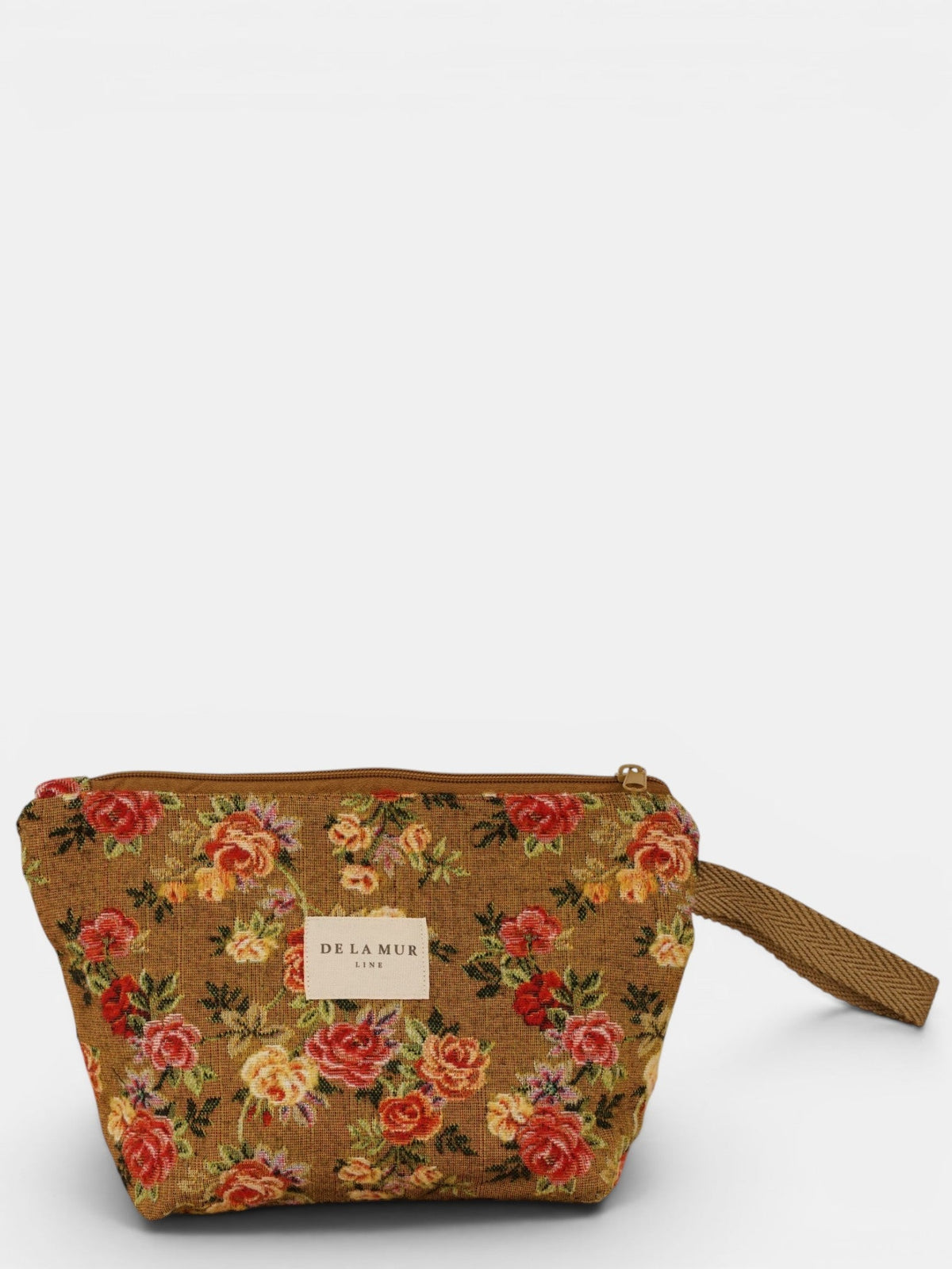 DE LA MUR Esme floral jacquard makeup bag in mustard, red roses, front view