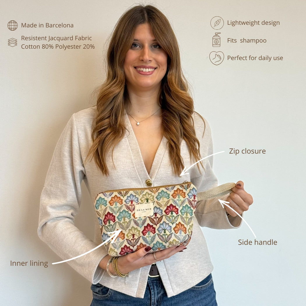 Model holding the DE LA MUR Flora floral makeup bag with labeled features infographic