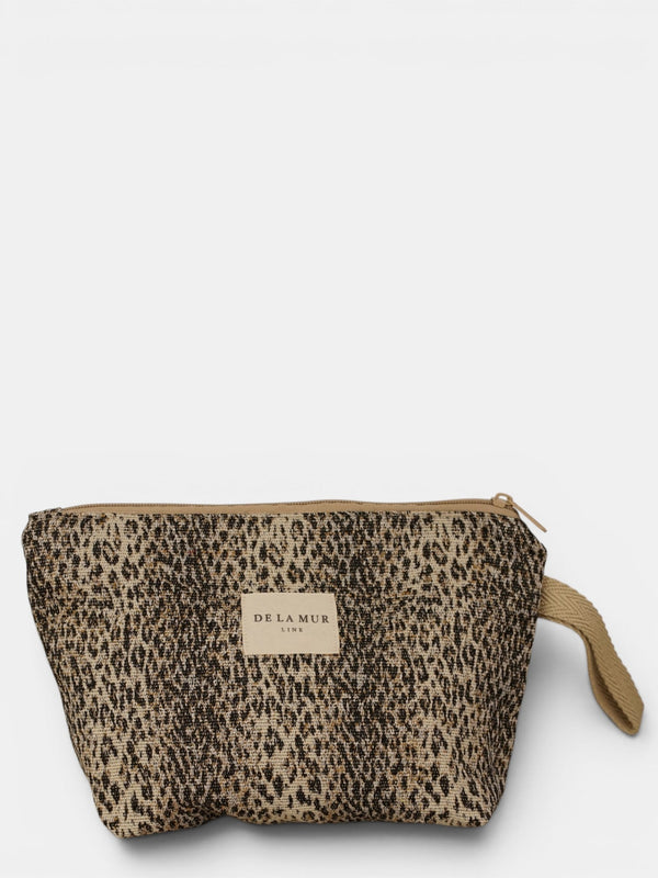 DE LA MUR Leo leopard jacquard makeup bag in beige and black, front view