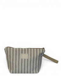 DE LA MUR Lugris large makeup bag in beige and grey stripes, front view