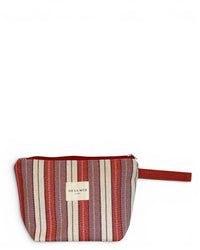 DE LA MUR Make large makeup bag in burgundy and lilac jacquard stripes, front view