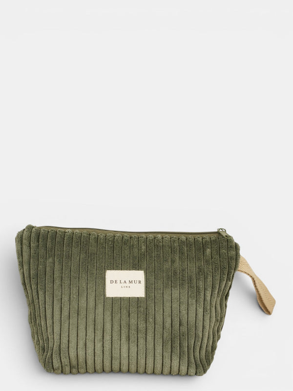 DE LA MUR corduroy large makeup bag in olive green, front view with wrist strap