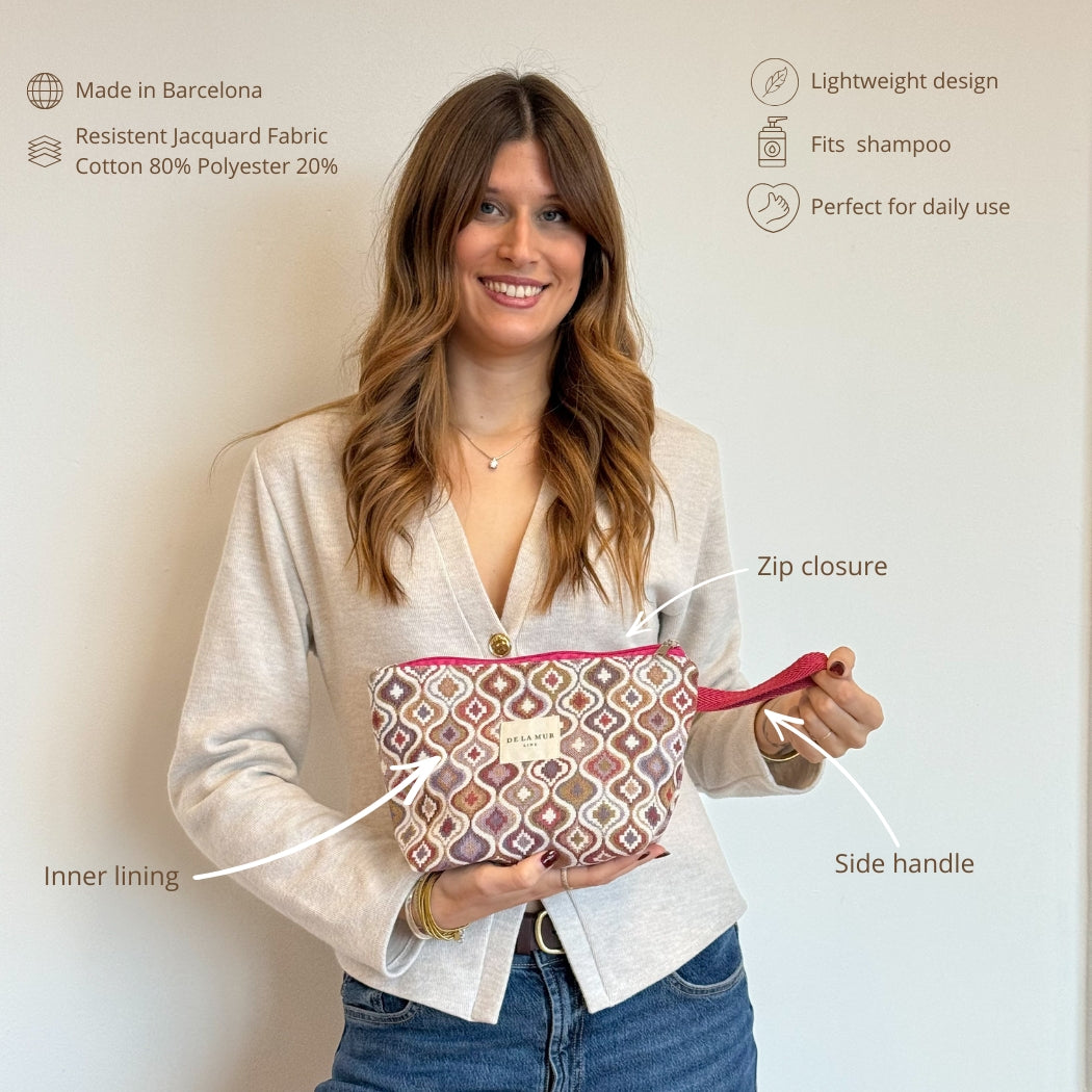 Model holding DE LA MUR Onda makeup bag, infographic of fabric and features
