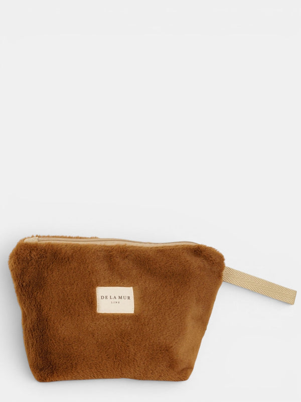 DE LA MUR Faux Fur Large Makeup Bag in camel brown, front view with wrist strap