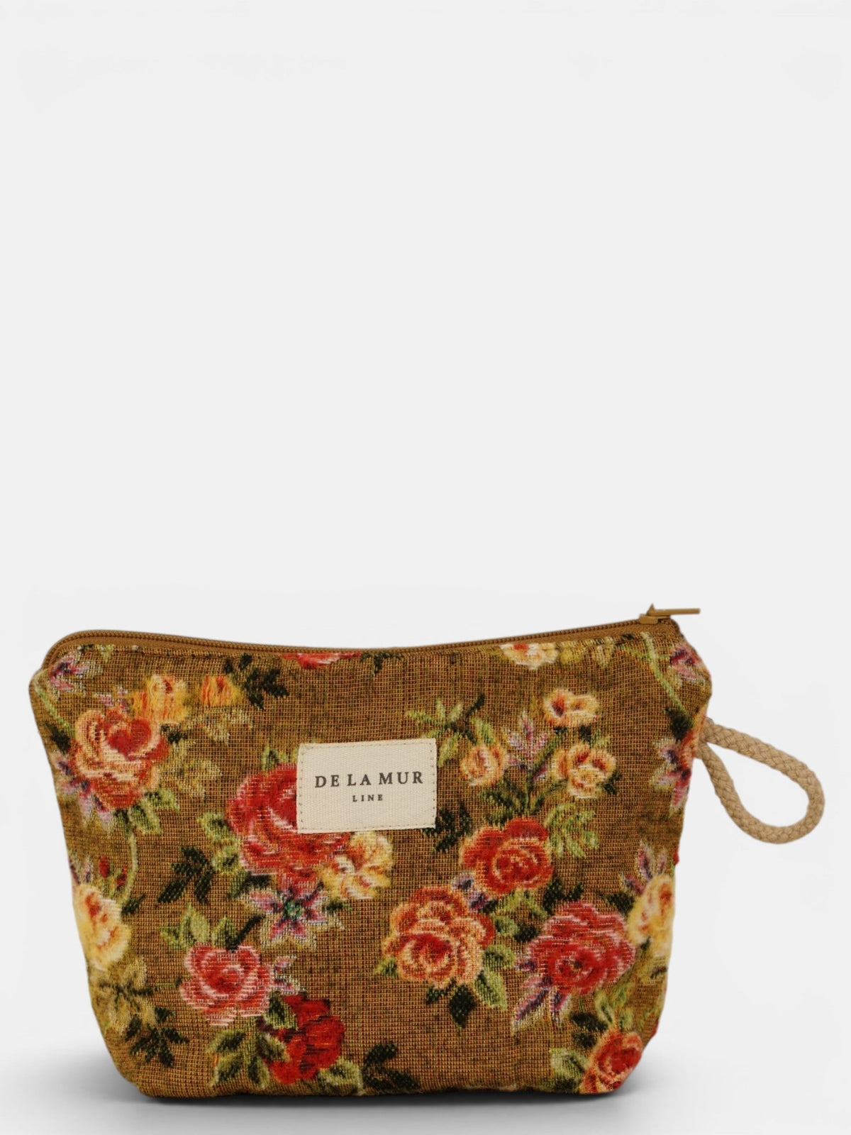 DE LA MUR floral jacquard small makeup bag in mustard and red, front view