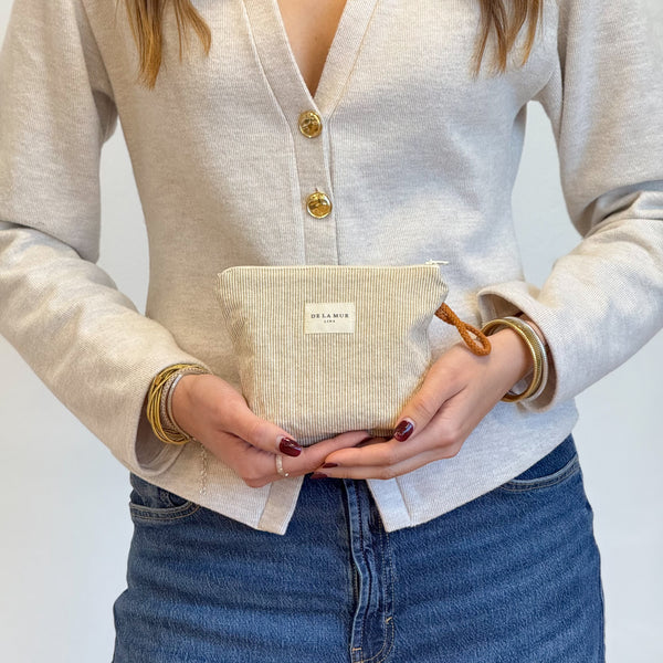 Striped Jacquard Small Makeup Bag – Olive & Cream (Foz)