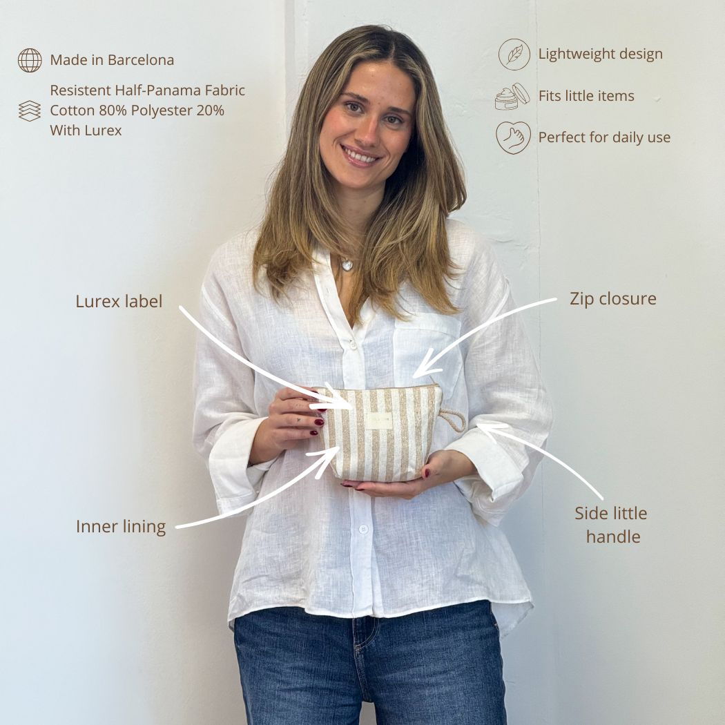 Model holding the DE LA MUR mustard striped makeup bag with labeled features