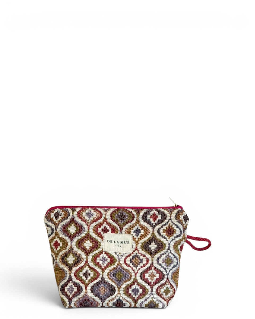 DE LA MUR Onda geometric jacquard makeup bag in pink and lilac, front view