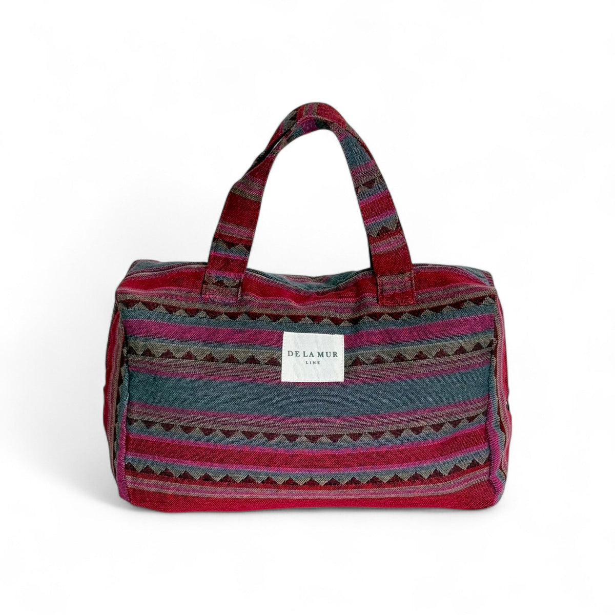 DE LA MUR Aura striped jacquard XL makeup bag in pink and burgundy, front view