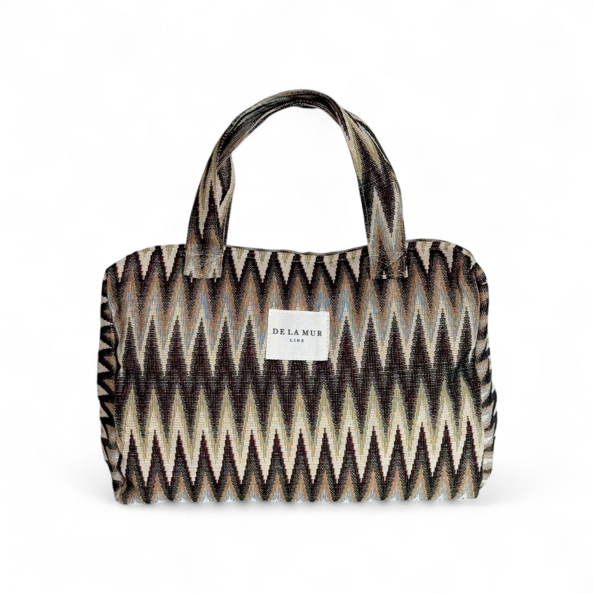 DE LA MUR Skan zigzag jacquard extra large makeup bag in black and beige, front view with handles