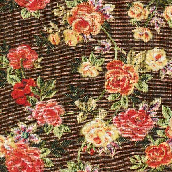 Close-up of DE LA MUR brown and red floral rose jacquard fabric