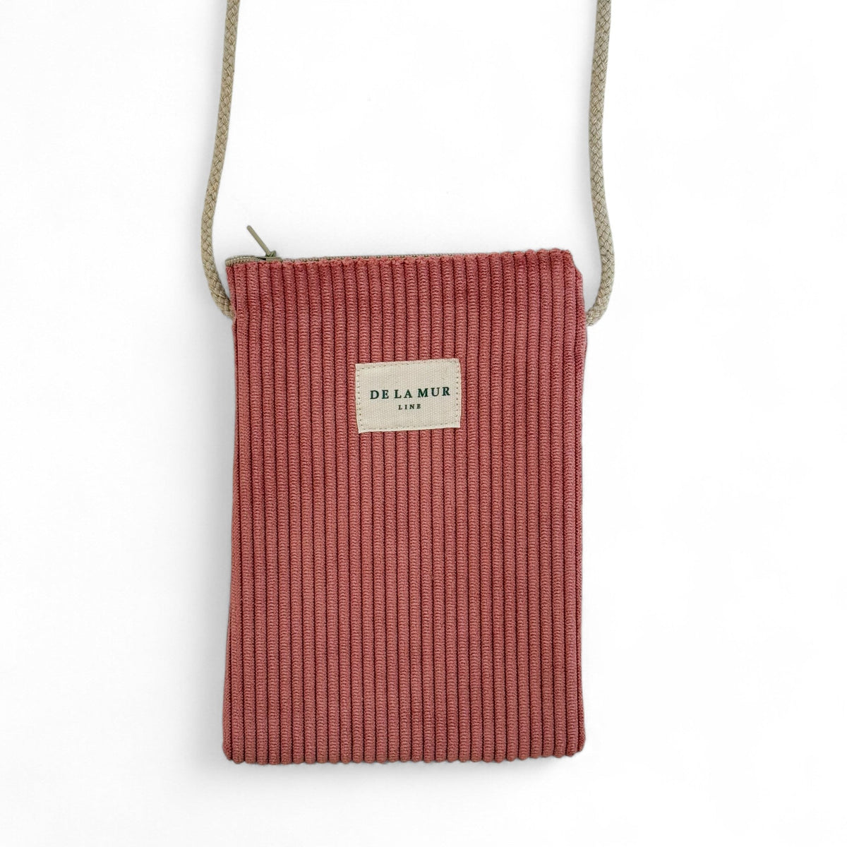 DE LA MUR Coral corduroy phone sleeve with beige crossbody cord, front view
