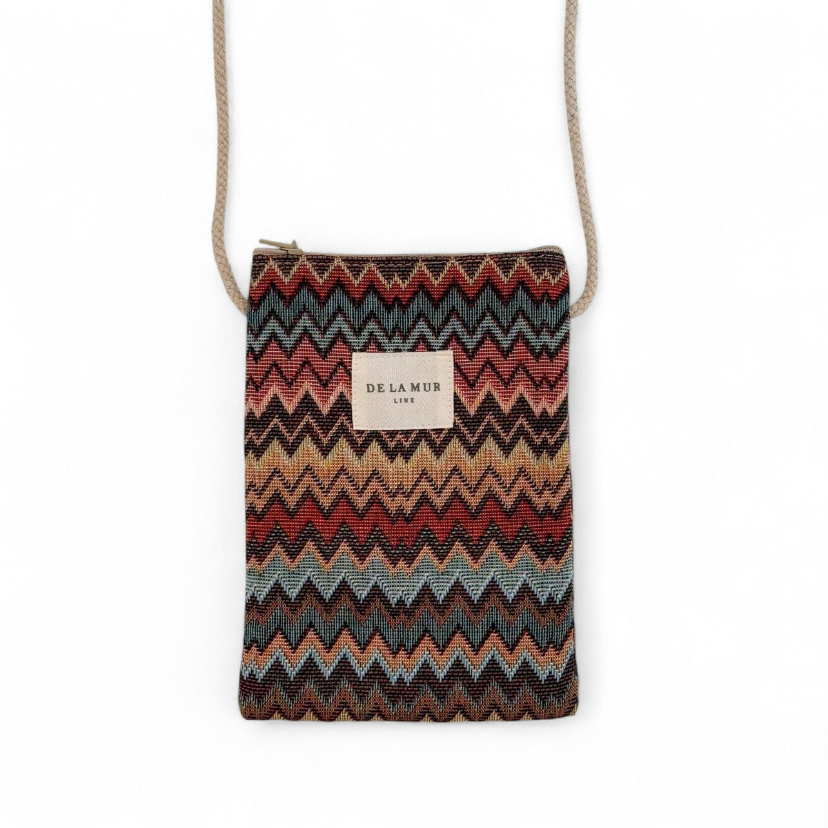 DE LA MUR Monte phone sleeve in Missoni-style zigzag jacquard with crossbody cord, front view