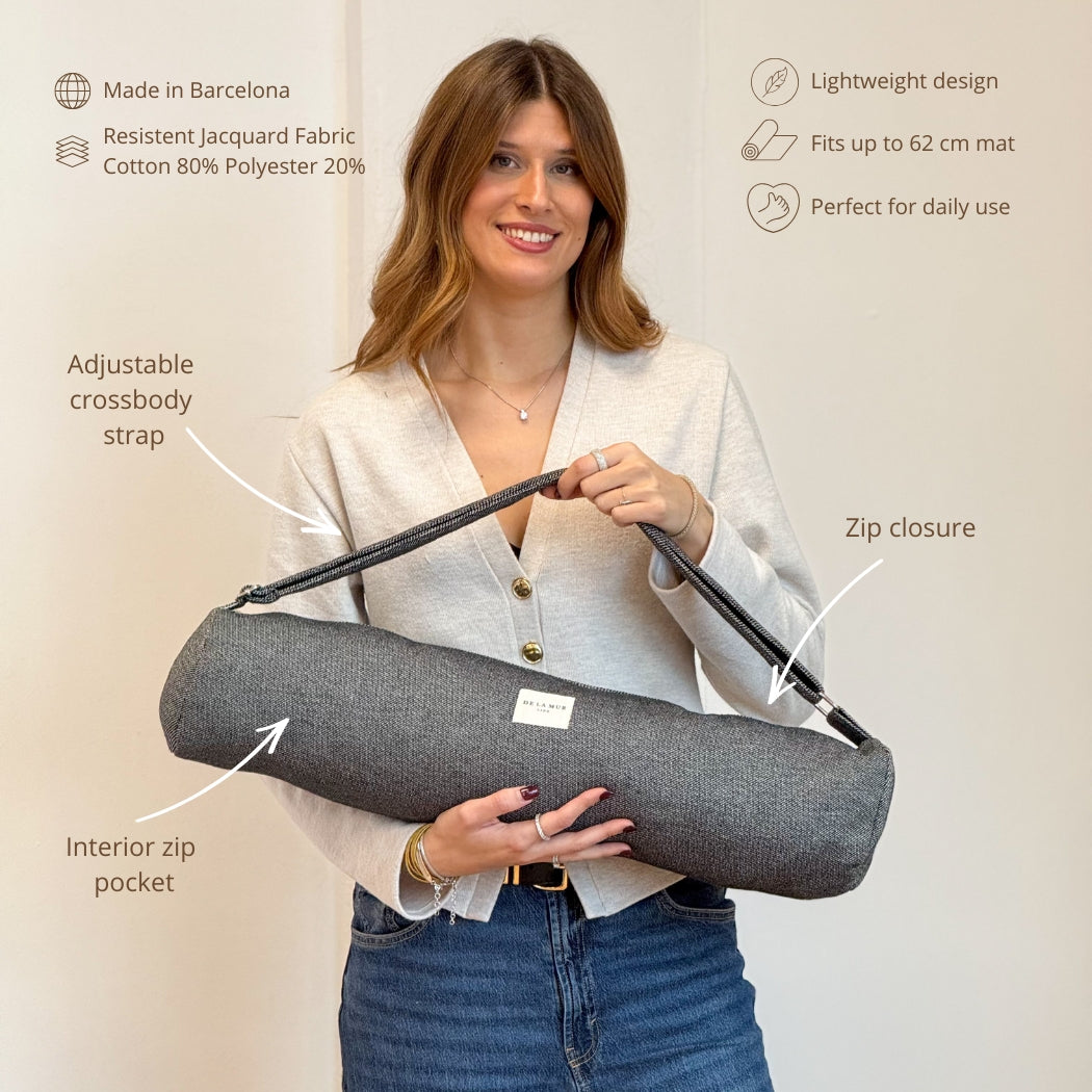 Model holding DE LA MUR Sinay yoga mat bag, infographic of features and fabric