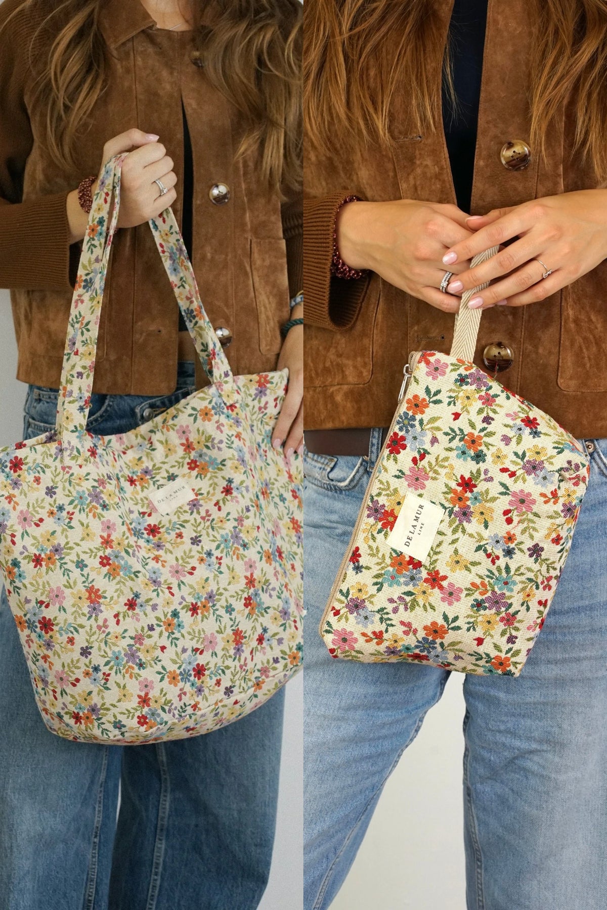 Floral Jacquard Large Tote Bag & Large Makeup Bag Gift Set – Beige (Blum)