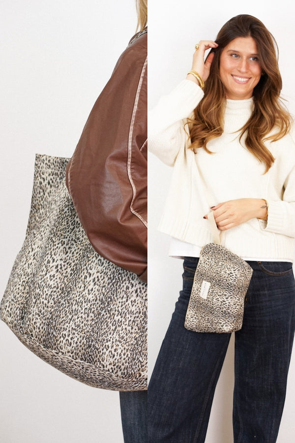 Leopard Jacquard Large Tote Bag & Large Makeup Bag Gift Set – Beige & Black (Leo)