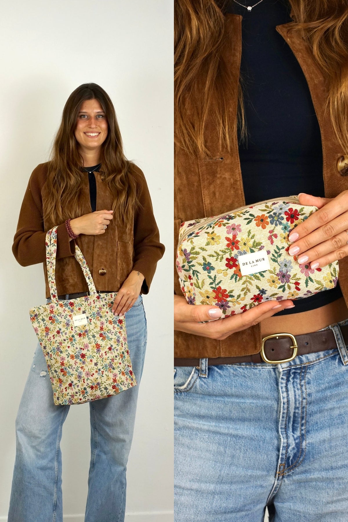 Floral Jacquard Medium Tote Bag & Makeup Bag Gift Set – Beige (Blum)