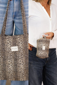 Leopard Jacquard Medium Tote Bag & Makeup Bag Gift Set – Beige & Black (Leo)