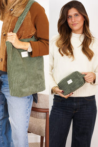 Corduroy Medium Tote Bag & Makeup Bag Gift Set – Olive Green (Musgo)