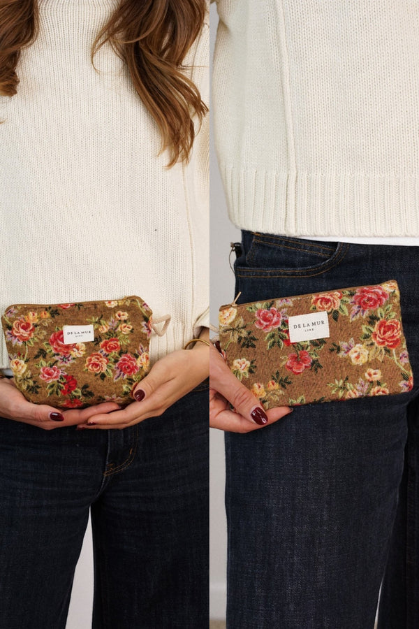 Floral Jacquard Small Makeup Bag & Coin Purse Gift Set – Mustard & Red (Esme)